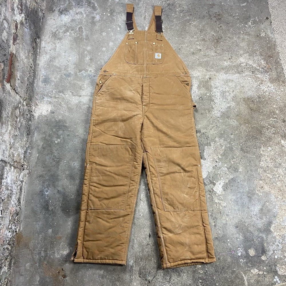 Vintage 90s Carhartt Bibs Size 42x32 Brown Duck Made In US Double Knee Insulated